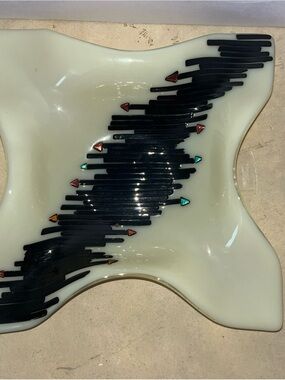 Handmade White Glass Art Bowl with Black Wave Accent Fused Glass Vintage